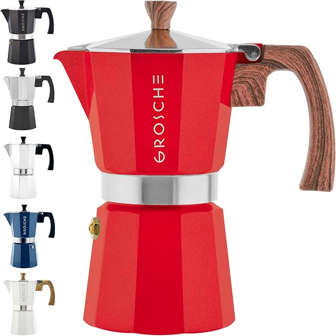 GROSCHE Milano Stovetop Espresso Maker Moka Pot 9 espresso Cup 15.2 oz Red | Cuban Coffee Maker And Italian Moka Pot For Stovetop Espresso; For Gas, Electric, And Propane Stoves With A Soft-Touch Handle