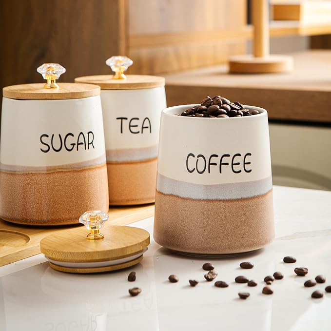 Kimdio Ceramic Canisters Set with Airtight Lids, 22 oz Coffee Canisters Sets for the Kitchen, Large Jars for Flour, Sugar, Pasta, Coffee, Cookies, Tea - Set of 3 - Orange and White