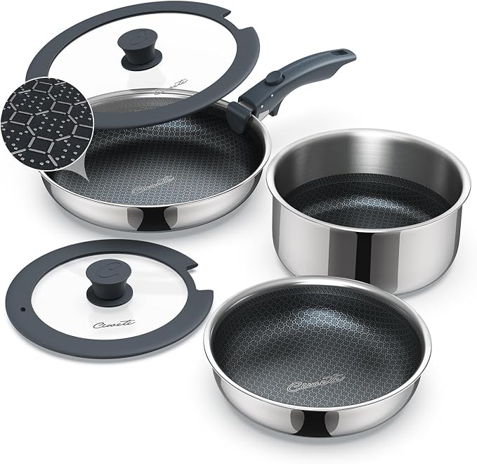 6-Piece Hybrid Stainless Steel Pots and Pans Set Non Stick, Tri-Ply Stainless Steel Cookware Set with Lids and Detachable Handle, PFOA Free Kitchen Skillet for All Cooktops, Dishwasher Safe