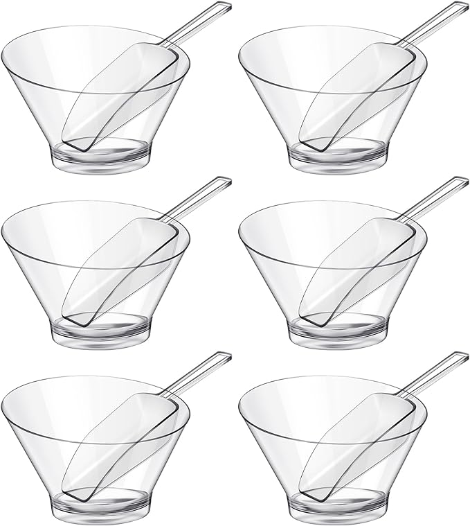 Sawysine Plastic Clear Serving Bowls with Kitchen Plastic Scoops | 12 Pcs Salad Serving Bowls Popcorn Scoops Angled Candy Container for Salad Cooking Parties
