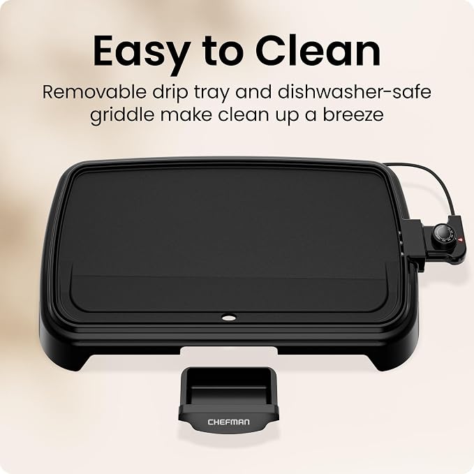 Chefman XL Electric Griddle with Removable Temperature Control, Immersible Flat Top Grill, Burger, Eggs, Pancake Griddle, Nonstick Extra Large Cooking Surface, Slide Out Drip Tray, 10 x 20 Inch