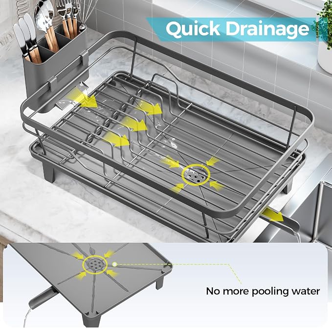 Urakify Dish Drying Rack for Kitchen Counter, 16.5" L x 12.2" W, Grey | Large Dish Drainer with Cutlery Holder, Sink Dish Rack with Drainboard for plate dish silverware, Space Saving