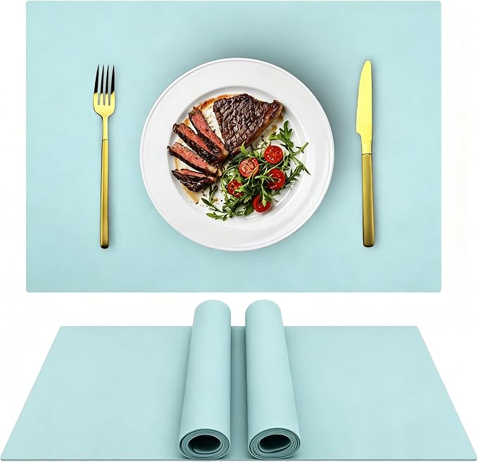 IYYI Silicone Placemats, Dining Placemats Set of 4, Waterproof Placemats for Kids, Non-Slip Silicone Mats for Dinner Table, Heat Resistant & Dishwasher Safe (Light Blue, 17.6" ×12.5")