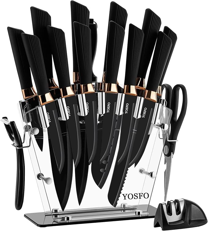 Kitchen Knife Set with Block, Knives Set with Acrylic Stand, 17Pcs Stainless Steel Cutlery Knife Block Set includes Serrated Steak Knives Set, Chef Santoku Knives, Scissor, Sharpener and Holder
