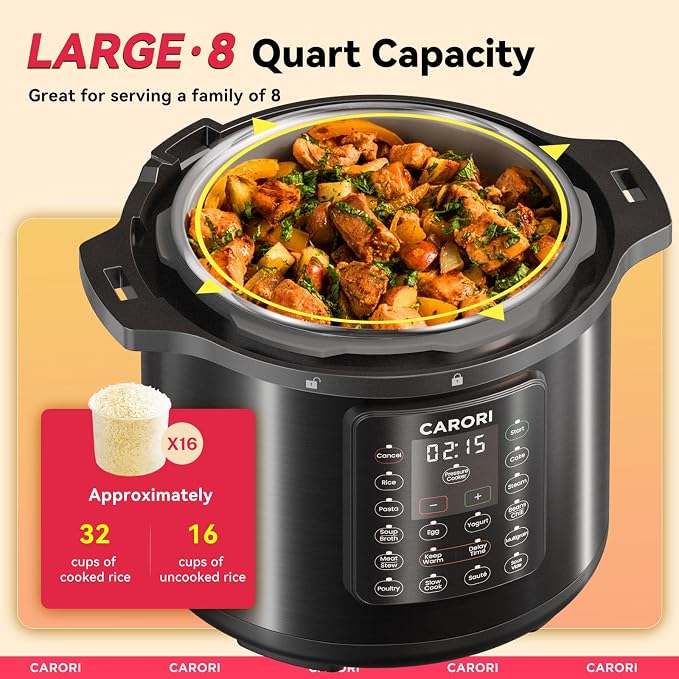 CARORI 1200W 12-in-1 Electric Pressure Cooker 8Qt, Stainless Steel Pressure Cooker, Slow Cook Rice Cooker Steamer Sauté, Yogurt Maker, Warmer & Sterilizer with Recipe, Safer Venting Design, Black