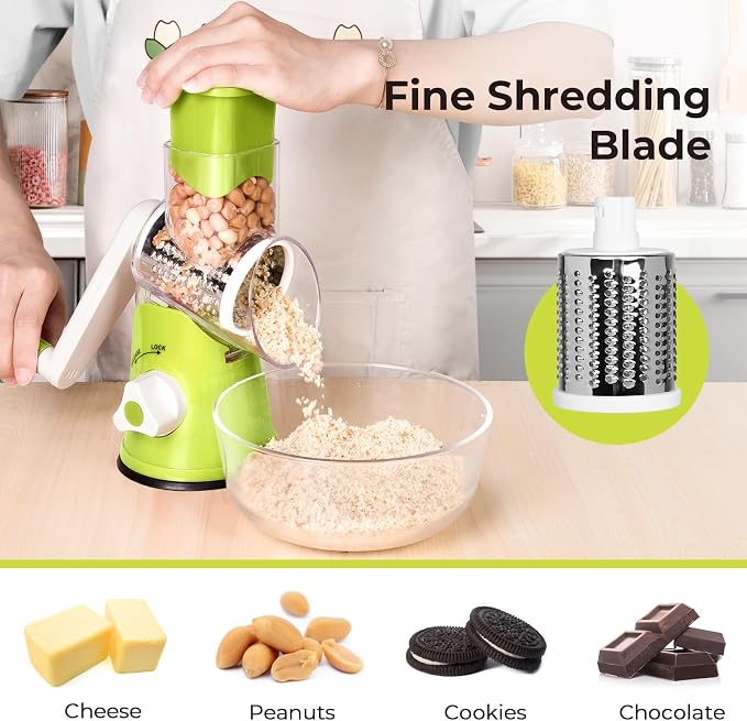 X Home Rotary Cheese Grater for Kitchen, Shredder with 3 Interchangeable Blades, Rotary Grater with Handle and Strong Suction Base, for Vegetables, Fruit, Nuts, Easy to Use and Clean, Green