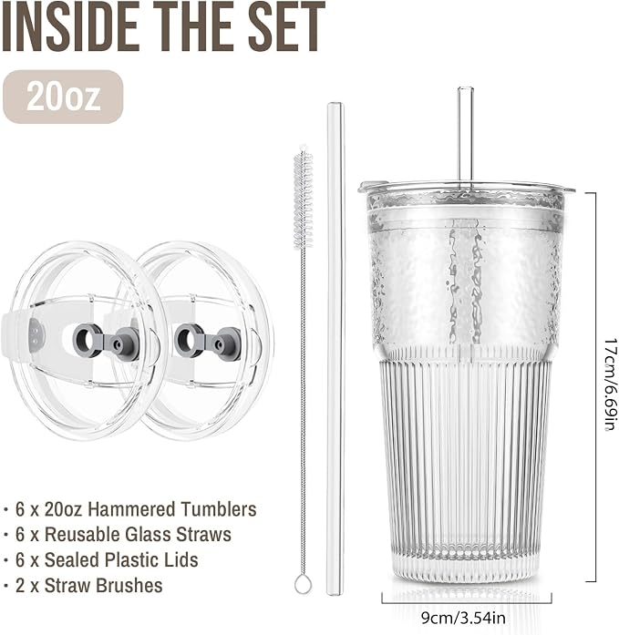 SoulTimes 20oz Wave Ribbed Glass Tumbler with Lid and Straw – Iced Coffee Glasses Cups for Smoothie, Matcha, Juice, Water etc. Leakproof and Reusable Glassware Drinking for Daily & Travel To Go [6Pcs]