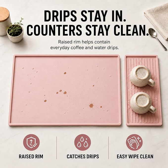 Silicone Coffee Mat 24 x 16 in with Tray, Soft Light Pink | Coffee bar mat for countertop use, coffee station mat or coffee machine mat with removable tray and 0.47 in raised rim.