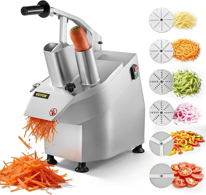 VEVOR Commercial Food Processor 550W Electric Vegetable Slicer 6 Blades | 2 Feeding Holes, 1600 RPM Stainless Steel Vegetable Processor, Interchangeable Blade, 3mm/4mm/7mm Shred and 2mm/4mm Slice