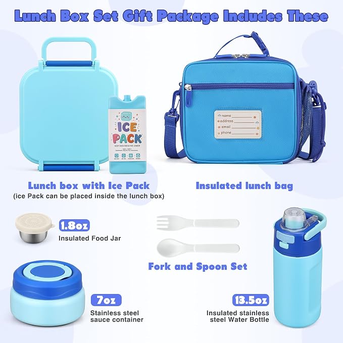 Bento Lunch Box for Kids with 7oz Soup Thermo,Insulated Stainless Steel Kids Water Bottle with Straw and Insulated Lunch Bag,Leak-Proof Lunch Food Container with Ice Pack for School(Blue)