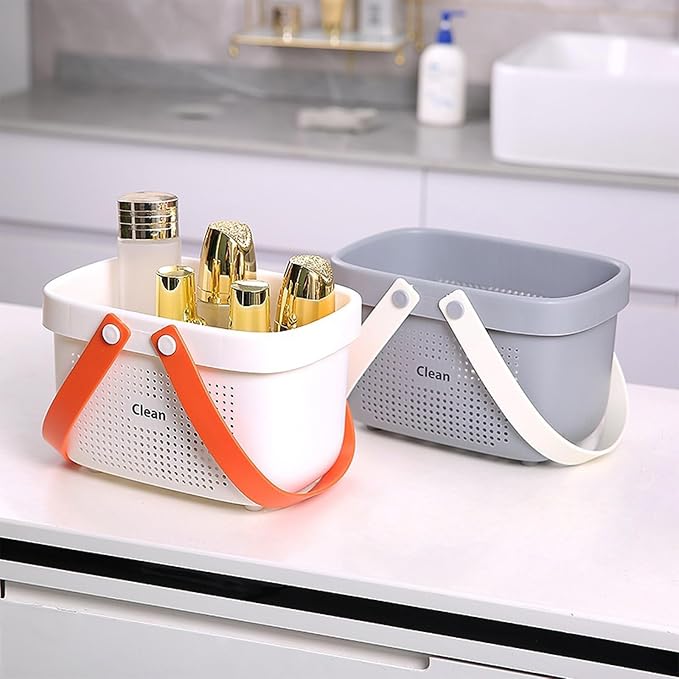 Portable Shower Caddy Basket with Handles Plastic Storage Basket Small Grey | Sturdy Drainage Large Capacity Organizer Basket with Silicone Handles for Bathroom Kitchen Bedroom College Dorm Essentials