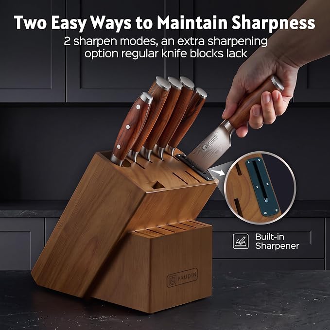 PAUDIN 16-Piece Kitchen Knife Set with Block, Built-in Sharpener, Ultra Sharp 5Cr15Mov Stainless Steel Chef Knives, Natural Wood Handles, Steak Knives, Scissors & Honing Rod, Complete Cutlery Set