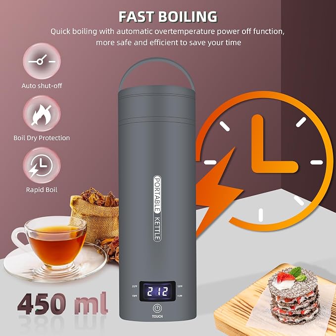 QRAGJBM Portable Electric Kettle Travel, 120V, 450ml, 4 Temperature Control | 304 Stainless Steel Lining, Auto Shut-Off, Boil Dry Protection, BPA-Free, Lightweight, For Hotel and Office（Grey）