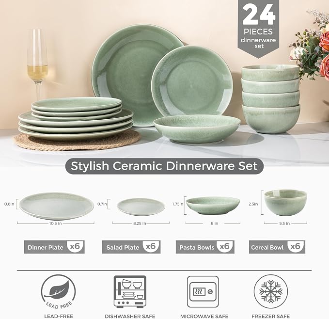 GBHOME Dinnerware Sets for 6, 24 Pieces Ceramic Plates and Bowls Set | Scratch Resistant Stoneware Dishes Set, Dishwasher & Microwave Safe, Reactive Glaze-Light Green