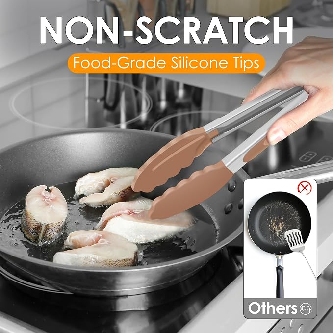 Hotec Silicone Serving Tongs for Cooking 9-Inch Kitchen Tongs with Silicone Tips, Set of 3 (Neutral Color)
