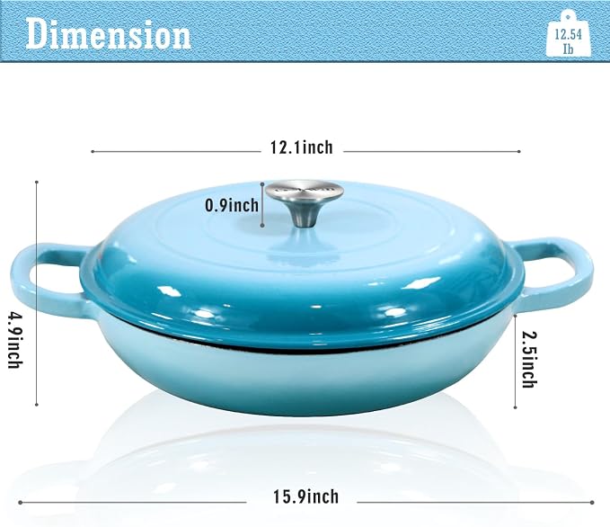 Cast Iron Casserole Braiser, 3.8 Quart,Heavy Duty Casserole Skillet with Lid and Dual Handles, Porcelain Enameled Surface Cookware Pot, Mother's Day Gifts for Family Light Blue