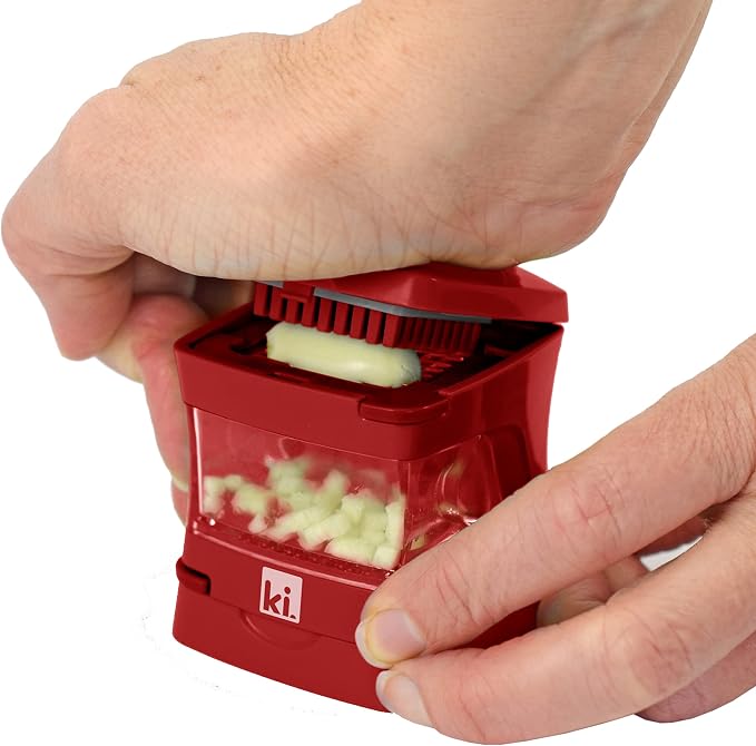 Garlic-A-Peel Garlic Press, Crusher, Cutter, Mincer, and Storage Container - Includes Silicone Garlic Peeler - Easy to Clean - Stainless Steel Blades – (Red), standard