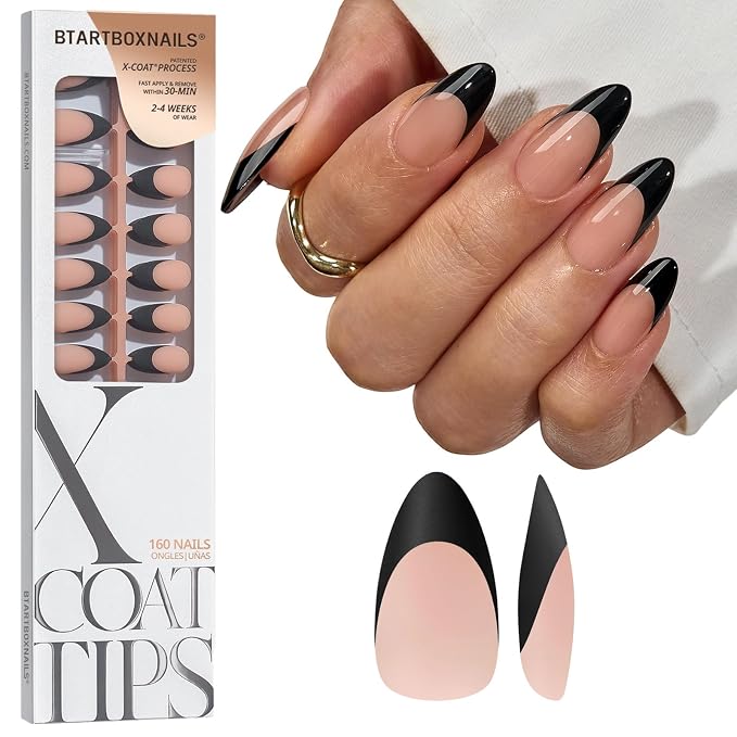 BTArtboxnails XCOATTIPS Black French Tip Press On Nails, M Almond, Peach | Lamp-Curable, 4-Week Wear, Natural Nail Look, Salon Quality Value at Home, Easy-to-Apply for Beginners, 160ct Nail Tips Only