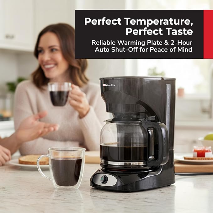 Mueller 12-Cup Drip Coffee Maker | Borosilicate Carafe, Auto-Off, Reusable Filter, Anti-Drip, Keep-Warm Function