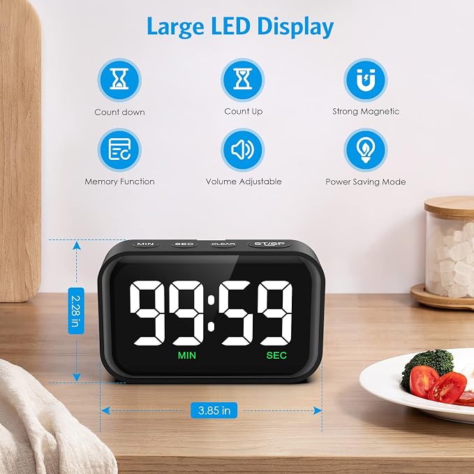 Digital Kitchen Timer, Large LED Display Count Up Countdown | Magnetic Classroom Timer, 3 Volume Levels, Visual Timer for Cooking/Office/Kids/Work/Study, Black (Battery Included)