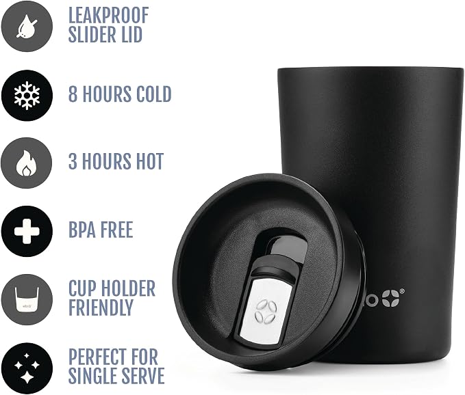 Ello Jones 11oz Insulated Stainless Steel Leakproof Travel Mug, Black | Leakproof coffee cup keeps drinks hot for 3 hours. BPA-free, single-serve size, great for hot drinks, tea, and the office.