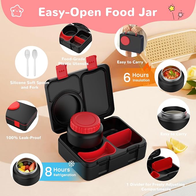 Bento Lunch Box for Kids Adult, Leakproof 3-4 Compartment Bento Box Set with Insulated Food Jar,Water Bottle, Lunch Bag, School Lunch Container for Toddler Teen Girls Boys Ages 3+(Racing Car)