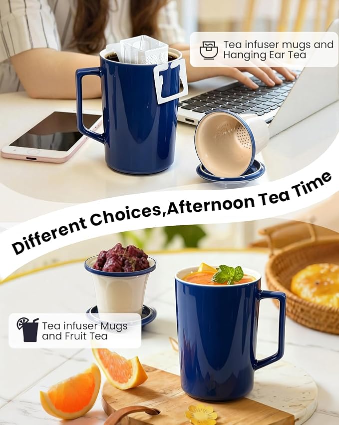 15 OZ Porcelain Tea Infuser Cup with Lid,Ceramic Tea Mug with All-Porcelain Strainer for Loose Leaf Teas,Microwave and Dishwasher Safe Tea Mug,Metal-Free,BPA-Free for Tea Lovers (Navy Blue)