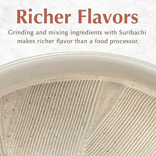 Japanese Ceramic Ripple Ridge Mortar & Pestle Suribachi Bowl and Surikogi Set with Spout 7.1 inches Made in Japan (White)