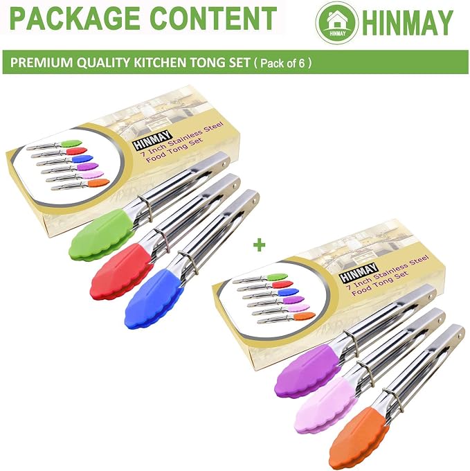 HINMAY Small Tongs with Silicone Tips 7-Inch Mini Serving Tongs, Set of 6 | Green Red Blue Purple Pink Orange