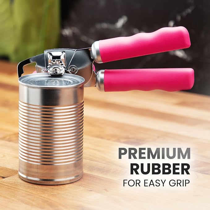 Zulay Kitchen Heavy Duty Stainless Steel Can Opener Manual with Bottle Opener - Rust Proof Manual Can Opener With Turn Knob & Comfy Soft Grip Handles - Dragonfruit