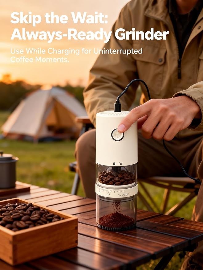 LAMIDO Portable Electric Burr Coffee Grinder - Grind While Charging - Visual Bean Hopper - 38 External Grind Settings - 1.8X Faster Grinding - 2000 mAh Battery for Travel, Camping (Light Beige, E96T)