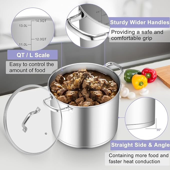 TeamFar Stainless Steel Stock Pot, 14QT Tri-ply Bottom Large Stockpot | Cooking Soup Pot with Lid, for Induction Gas Electric Glass Tops, Non Toxic & Sturdy, Straight Side & Various Stovetops Safe