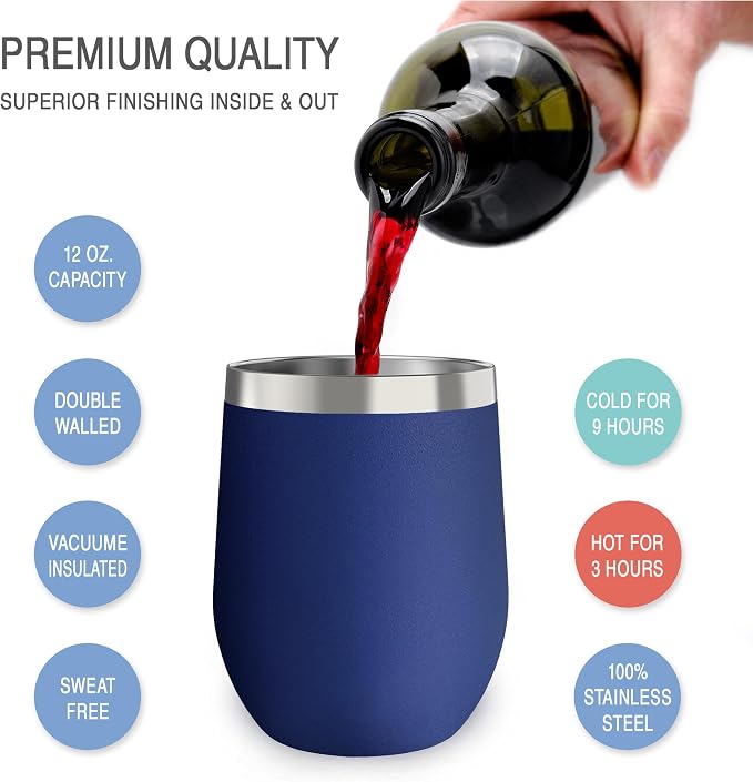 12 oz Stainless Steel Wine Tumblers 2 Pack - Double Wall Vacuum Insulated Wine Glasses Cups with Lids and Straws Set Keeping Cold & Hot for Coffee, Beer, Ice Cream - Powder Coated Navy Blue