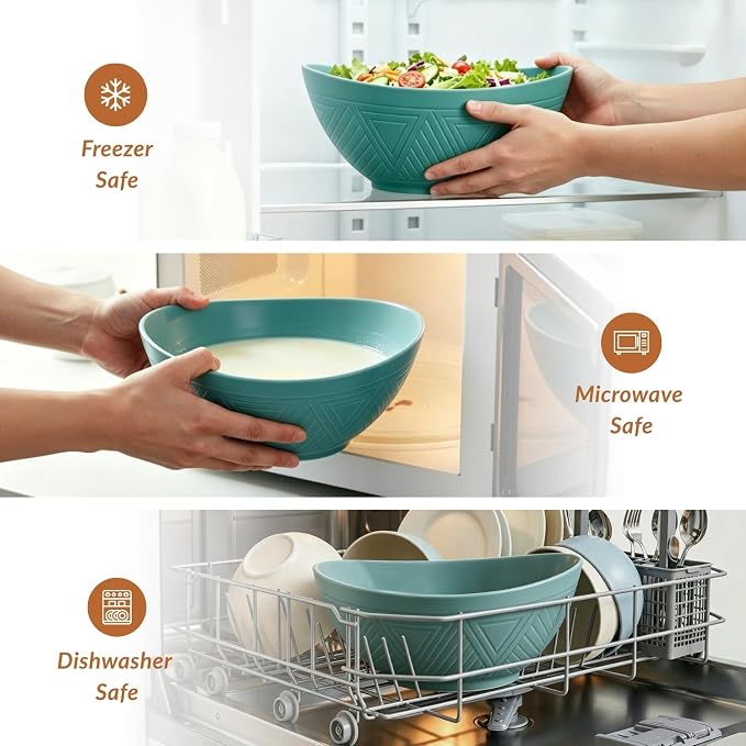 Salad Bowls 6 PCS Wheat Straw Bowls - 60oz Large Serving Bowl - Microwave and Dishwasher Safe Centerpiece Bowl Big Soup Bowl for Kitchen, Camping, Picnic, Party, Popcorn Bowl Set - Green