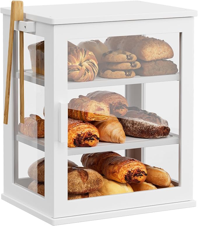 WOWLIVE Bread Box for Kitchen Countertop, 3 Layers Bread Storage Container | Large Bamboo Bread Bin for Homemade Bread with Window, Farmhouse Breadbox Organizer for Kitchen, Cabinet, White, Meduim