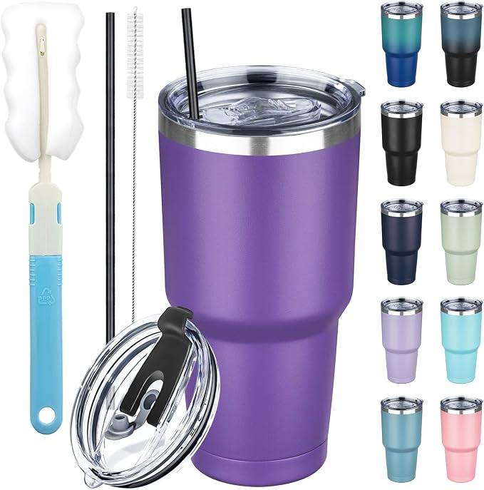 30 oz Tumbler with Lids and Straws, Stainless Steel Insulated Coffee Tumbler, Double Wall Vacuum Insulated Travel Mug Cup, Leakproof Thermal Coffee Cup for Hot and Cold Drinks (Purple)