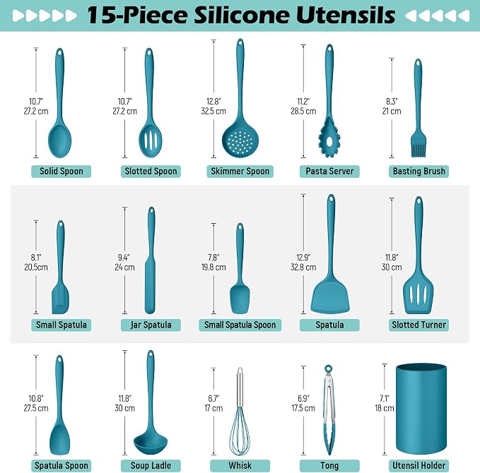 Homikit Silicone Cooking Utensils Set, 15 PCS Kitchen Utensil Spatula Set | Nonstick and Heat Resistant Kitchen Utensil Set with Holder, Kitchen Gadgets Home Essentials & Pot and Pans Accessories, Blue