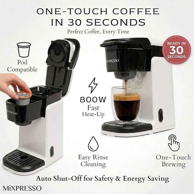 Mixpresso Single Serve Coffee Maker K Cup Coffee Maker for K Pods & Grounds | Compact 800W White Coffee Machine with 12 Oz Water Tank, Fast Brew & Auto Shut-Off, Small Design for Travel RV, Office& Dorm