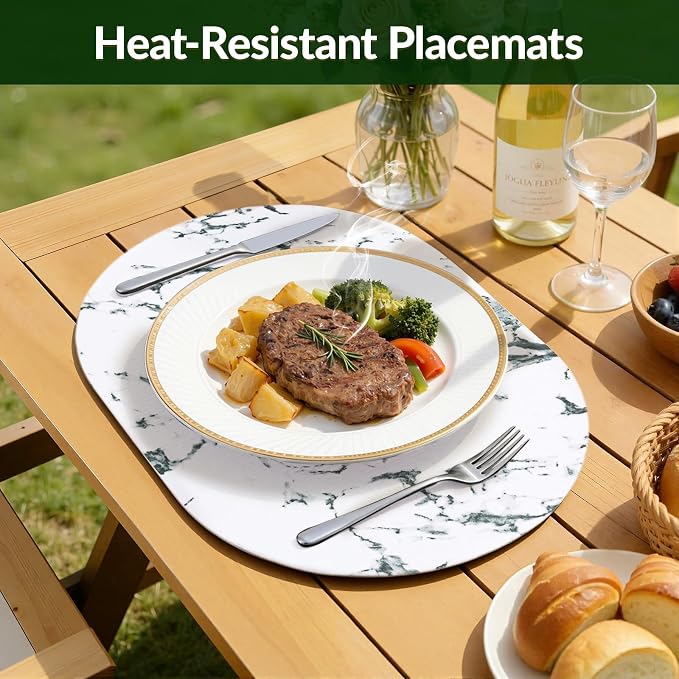 Placemats Set of 4, 11.8 x 17 Inch, Marble | Heat Resistant Oval Faux Leather Place Mats, Waterproof Wipeable Reversible PU Placemat, Indoor & Outdoor
