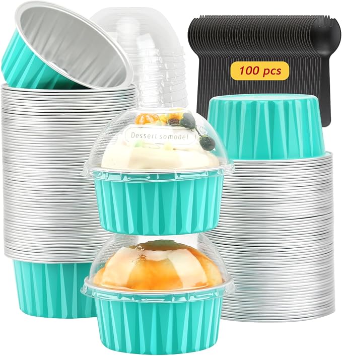 LNYZQUS 5oz Dot Cake Cups with Dome Lids 100 Pack, Foil Cupcake Pans | Mini Cake Tins and Containers, Disposable Ramekins, for Baking and Packaging, Round Cyan Blue
