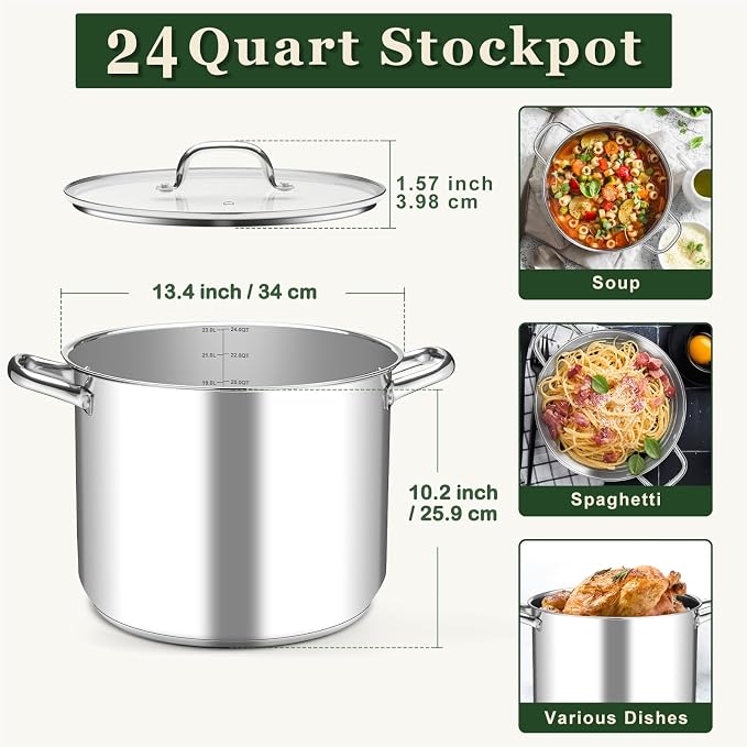 Leonyo 24 Quart Large Stock Pot with Lid, 18/10 Stainless Steel Stockpot | 3-Ply Bottom for All Stoves, Heavy-Duty & Food Grade Cookware
