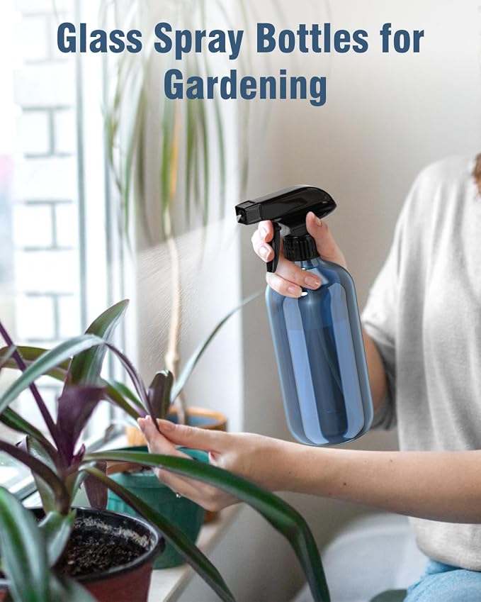 Bontip Glass Spray Bottle 16 oz for Cleaning, Plants (2 Pack, Indigo Blue) | Refillable indigo spray bottle Set, BPA-free eco glass, With labels and funnel, Great for cleaners, plant misting, hair care