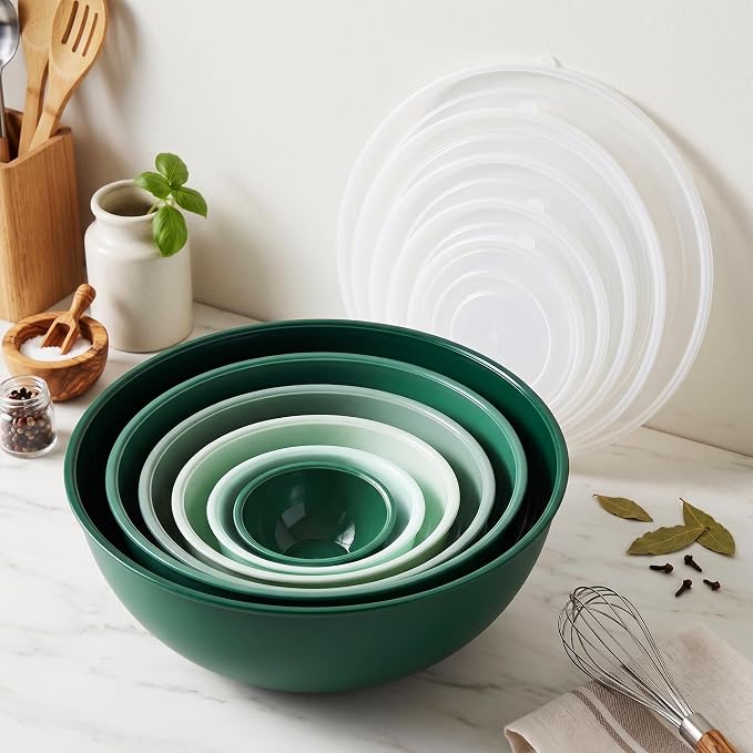 BoxedHome BPA Free Plastic Round Mixing Bowl with Lids, 12 Pack Nesting Bowls with Lids Set, Microwave and Dishwasher Safe Prep & Serving Bowls Great for Mixing, Baking, Serving (Green, 12pcs)