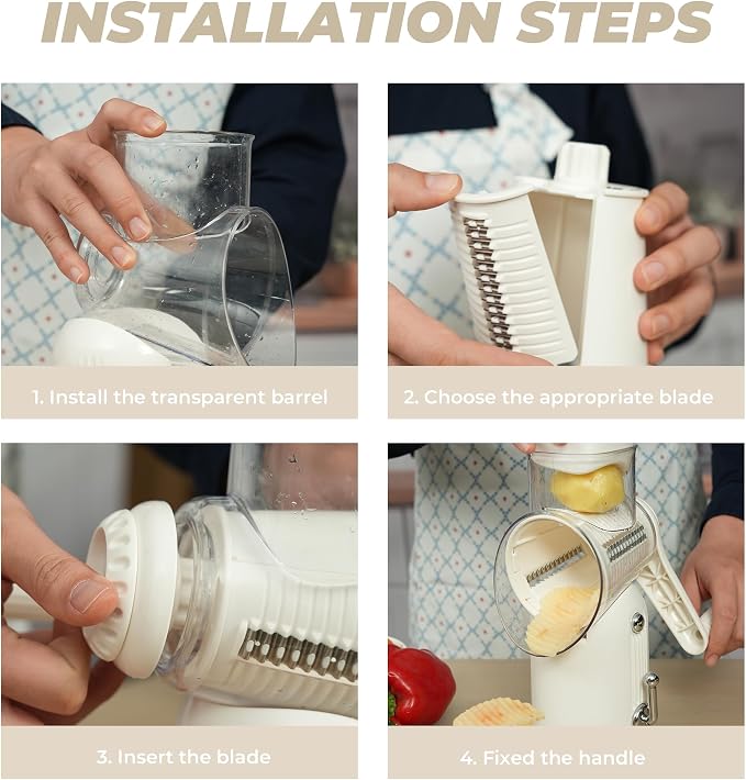 5 in 1 Rotary Cheese Grater, Beige Hand Crank Vegetable Cutter with 5 Stainless Steel Interchangeable Blades, Mandoline Slicer for Potatoes Onions Veggies Nuts