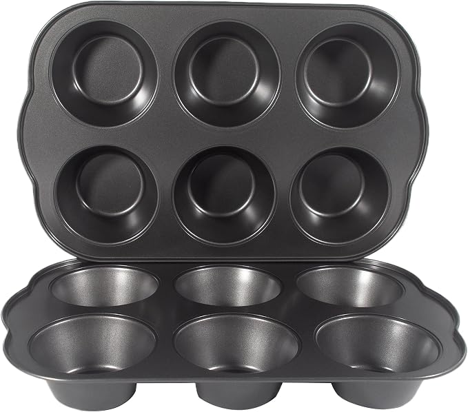 Non-Stick Jumbo 3.5" 6-Cup Muffin Pans, Set of 2(Black) | Carbon Steel, Long Handle for Large Muffin & Cupcakes