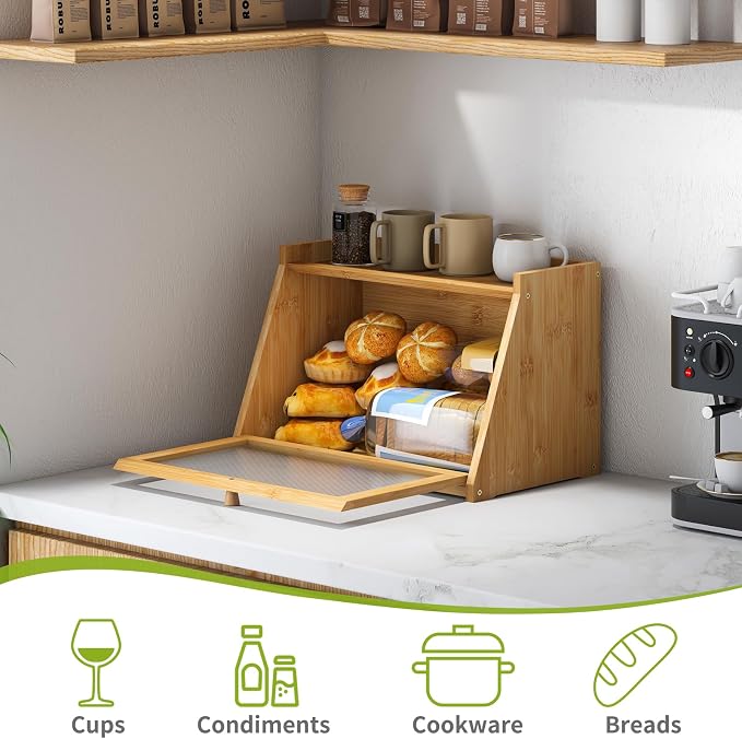 BMOSU Bread Box for Kitchen Countertop Large Capacity Corner Bread Box Farmhouse Bread Container Bread Storage Bread Holder (Natural, Large)