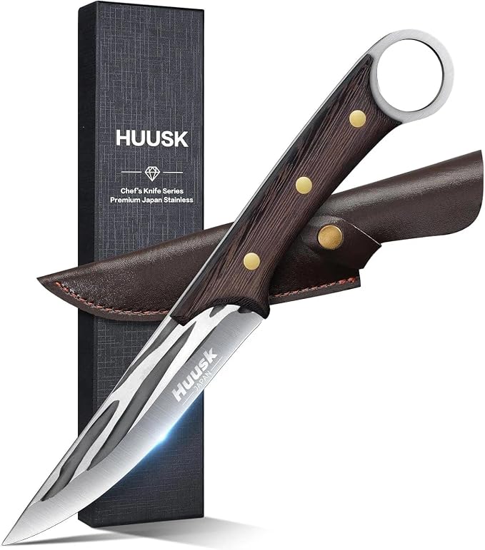 Huusk Japanese Boning Knife for Meat Cutting with Sheath, Flexible Blade | High Carbon Powder Steel, Full Tang Fish Fillet Knives for Meat Poultry Chicken Cutting, Gifts for Men