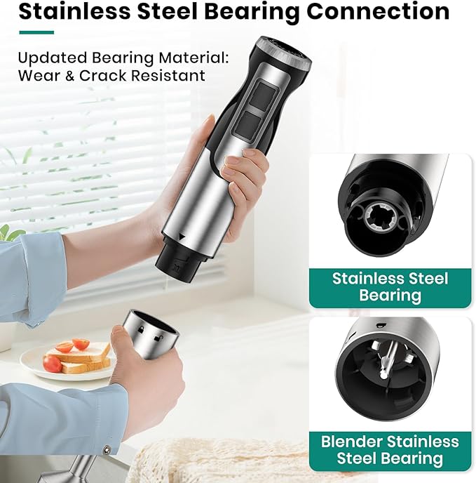Colarlemo 1800W Immersion Blender Handheld 4-in-1 Hand Blender, Silver | Stick Blender for Ice Crushing Smoothie, Baby Food, 8 Speed & Turbo Boost, Stainless Steel Blade with Whisk, Chopper, Beaker