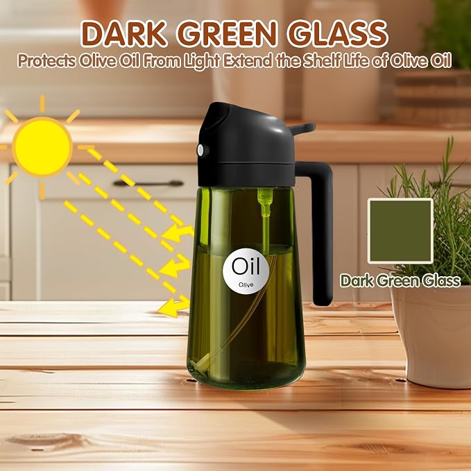 YARRAMATE 16 oz 2-in-1 Dark Glass Olive Oil Sprayer & Dispenser, BlackGreen | Light-blocking dark green glass, food-grade spray and pour bottle for cooking, air fryer, salad and BBQ