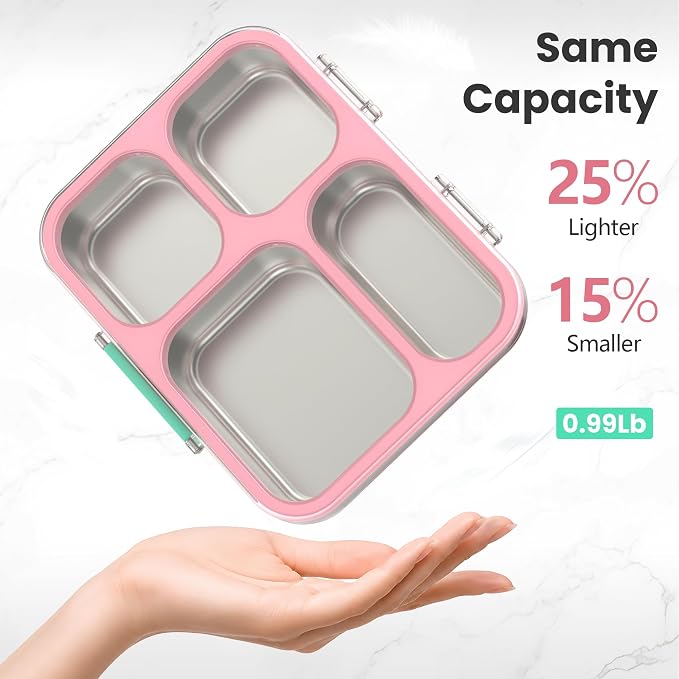HOMEKOL Stainless Steel Bento Lunch Box, 4 Cups, Pink | 4-Compartment Leak-Proof Metal Lunch Container for Kids & Adults, BPA/BPS-Free, Dishwasher Safe, Clear Lid, (Not Insulated)